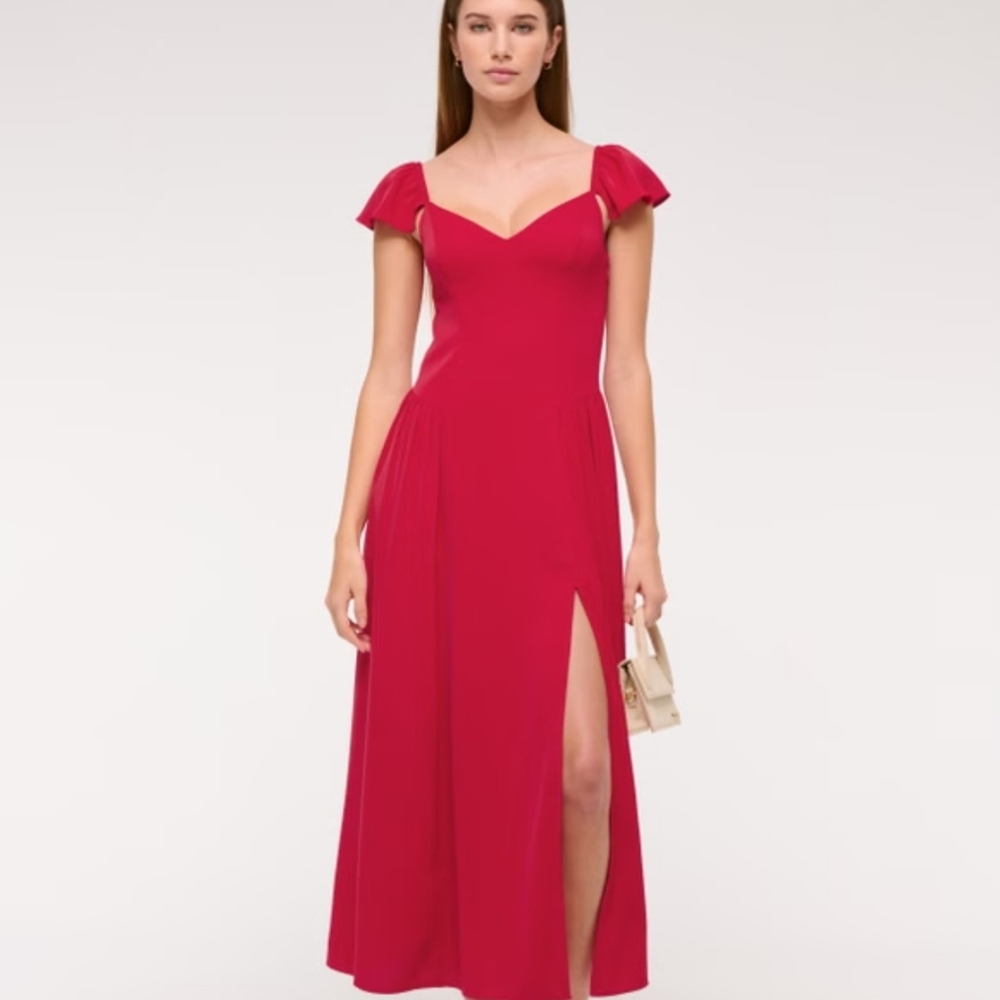 Abercrombie & Fitch Red Flutter-Sleeve Midi Dress with Side Slit, Size M